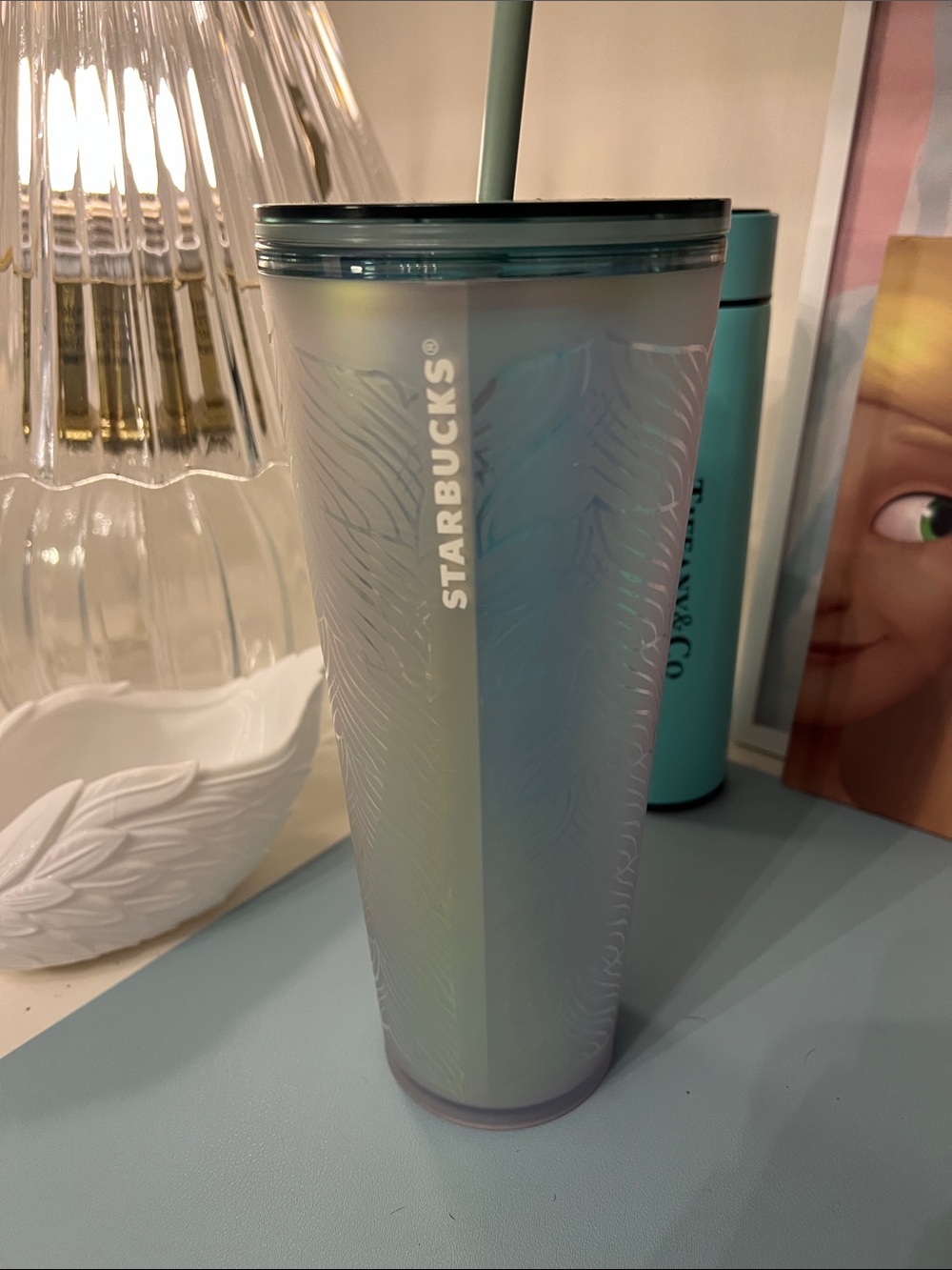 Starbucks Iridescent Pale Blue Feather-Textured Tumbler with Straw
